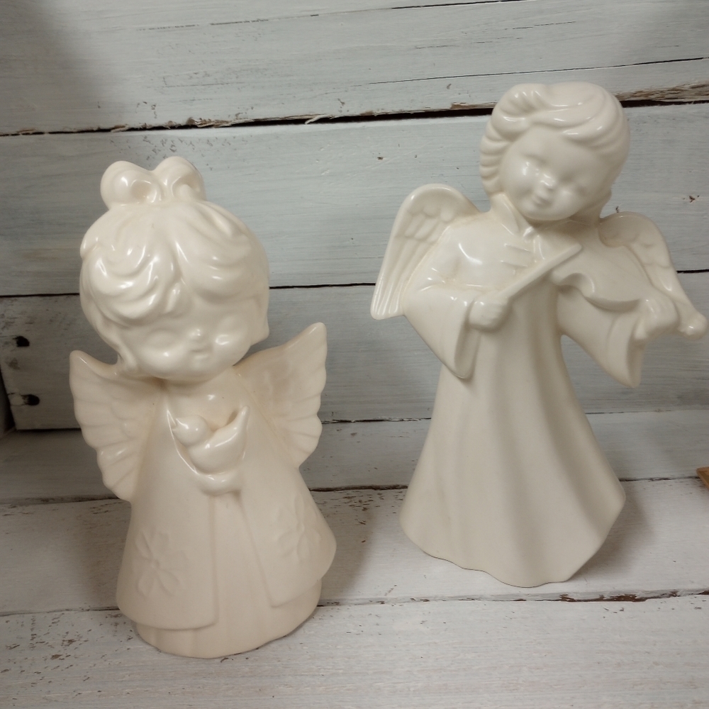 Set of Two Vintage White Ceramic Angels Hobbyist Made Holiday Christmas 1970s.
